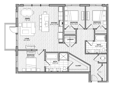 Floor plan for 3 beds, 2 baths, 1370 sqft