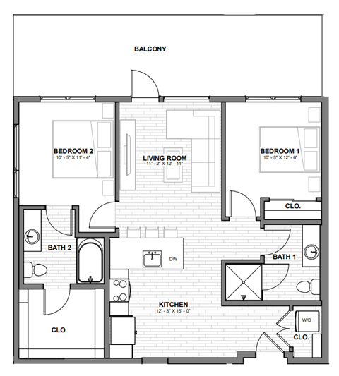 Floor plan for 2 beds, 2 baths, 868 sqft