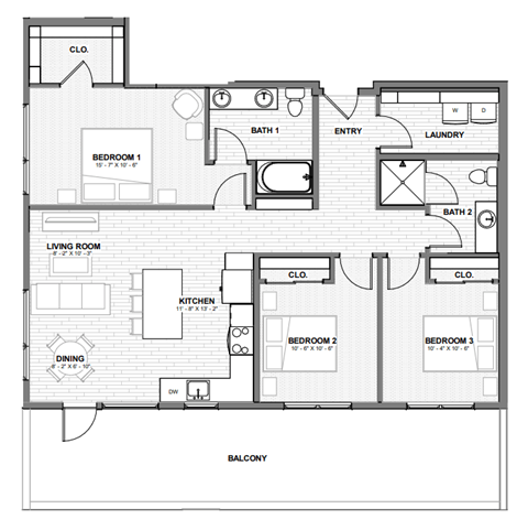 Floor plan for 3 beds, 2 baths, 1150 sqft