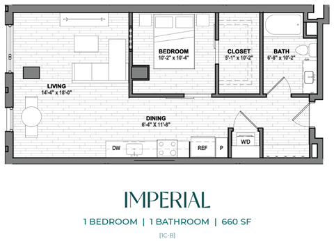 Floor plan for 1 bed, 1 bath, 660 sqft