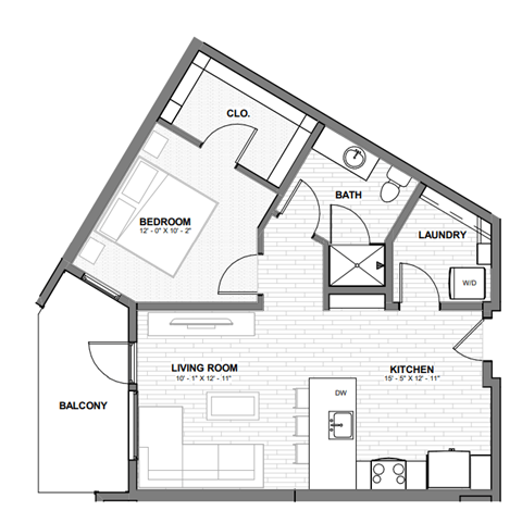 Floor plan for 1 bed, 1 bath, 656 sqft