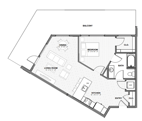 Floor plan for 1 bed, 1 bath, 738 sqft