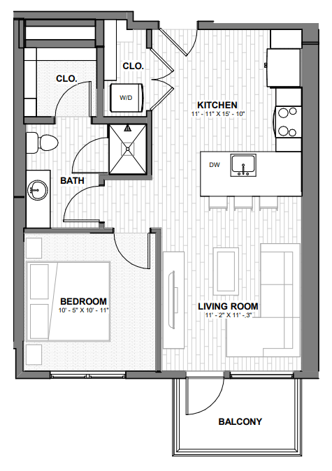 Floor plan for 1 bed, 1 bath, 568 sqft