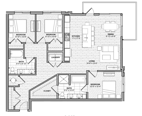 Floor plan for 3 beds, 2 baths, 1360 sqft
