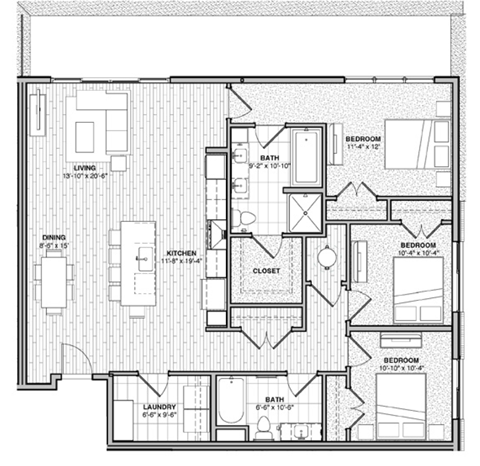 Floor plan for 3 beds, 2 baths, 1460 sqft