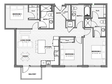 Floor plan for 3 beds, 3 baths, 1142 sqft