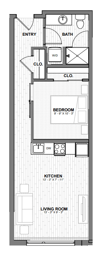 Floor plan for 1 bed, 1 bath, 500 sqft