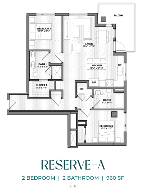 Floor plan for 2 beds, 2 baths, 960 sqft