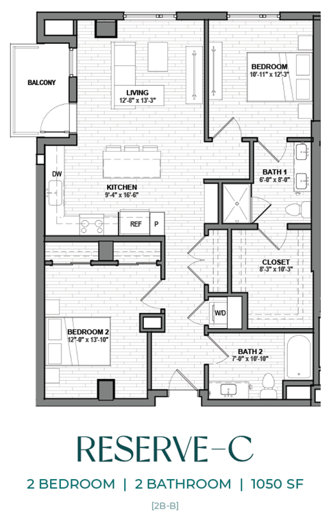 Floor plan for 2 beds, 2 baths, 1050 sqft