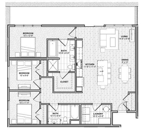 Floor plan for 3 beds, 2 baths, 1340 sqft