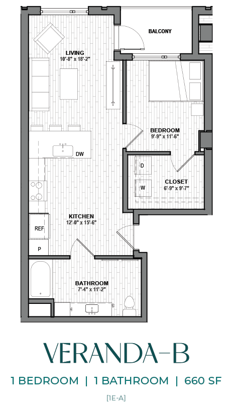 Floor plan for 1 bed, 1 bath, 660 sqft
