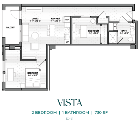 Floor plan for 2 beds, 1 bath, 730 sqft