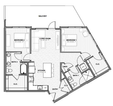 Floor plan for 2 beds, 2 baths, 972 sqft