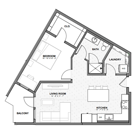 Floor plan for 1 bed, 1 bath, 715 sqft