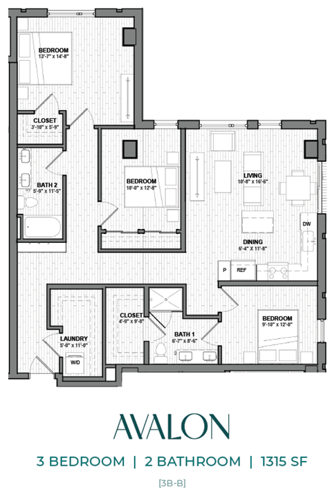 Floor plan for 3 beds, 2 baths, 1315 sqft