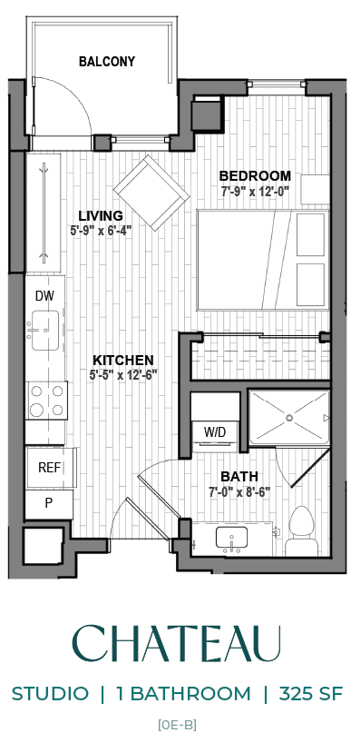 Floor plan for studio, 1 bath, 325 sqft