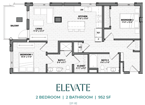 Floor plan for 2 beds, 2 baths, 952 sqft