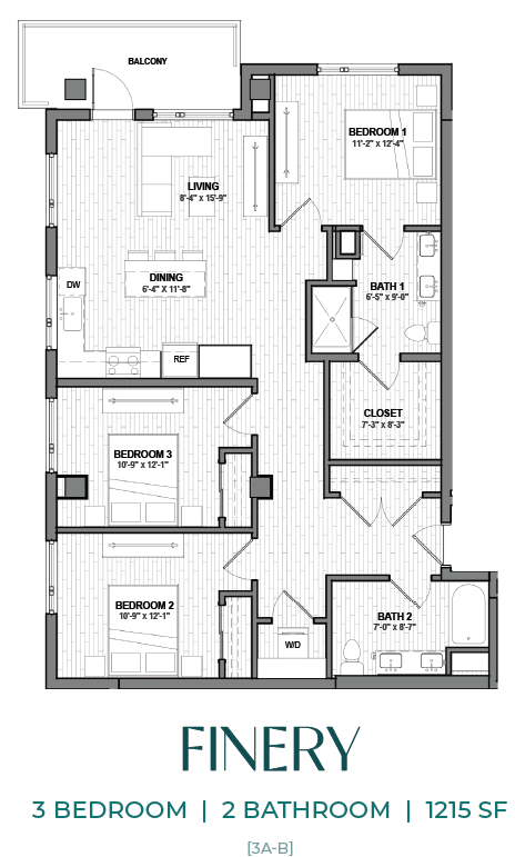 Floor plan for 3 beds, 2 baths, 1215 sqft