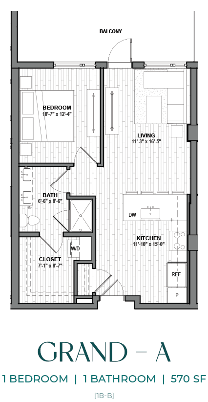Floor plan for 1 bed, 1 bath, 570 sqft