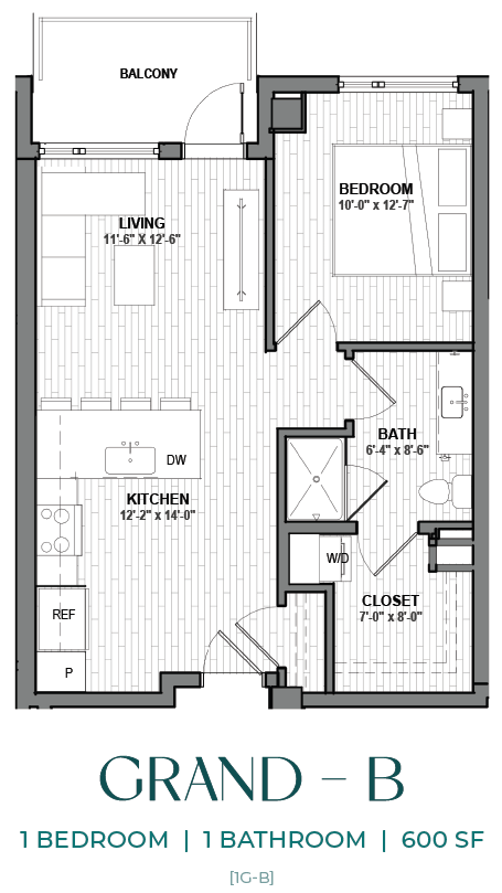 Floor plan for 1 bed, 1 bath, 600 sqft