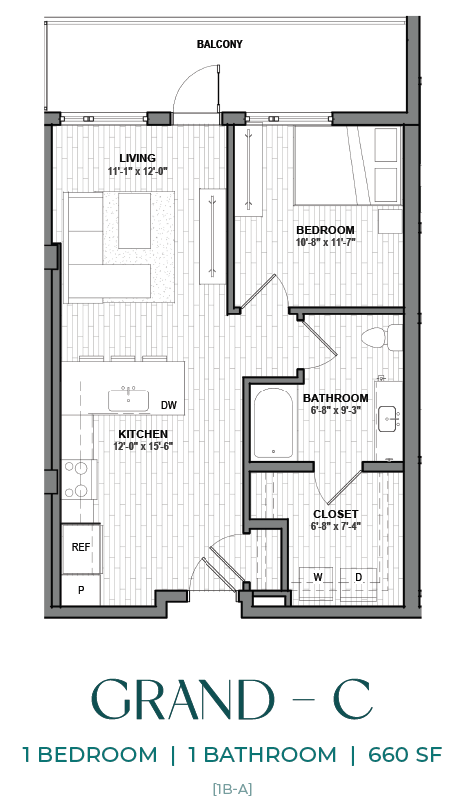 Floor plan for 1 bed, 1 bath, 660 sqft