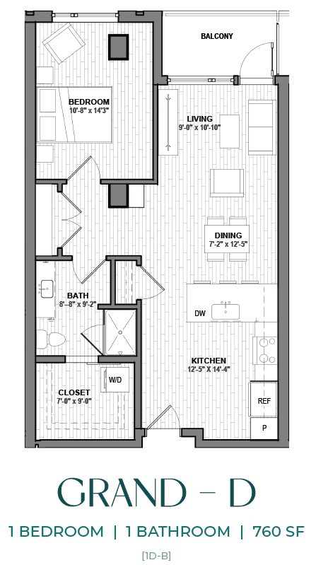Floor plan for 1 bed, 1 bath, 760 sqft