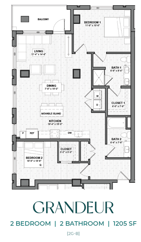 Floor plan for 2 beds, 2 baths, 1205 sqft