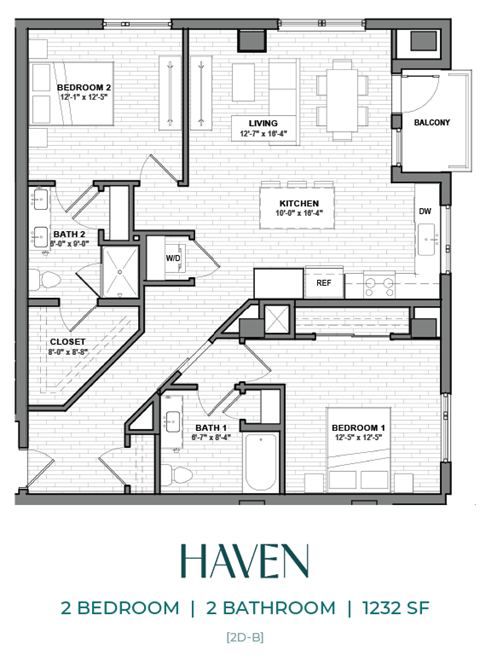Floor plan for 2 beds, 2 baths, 1232 sqft