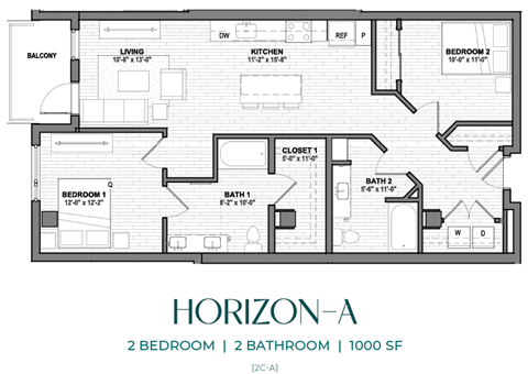 Floor plan for 2 beds, 2 baths, 1000 sqft