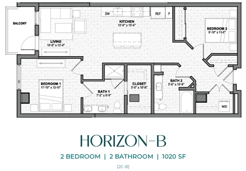 Floor plan for 2 beds, 2 baths, 1020 sqft