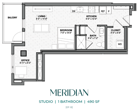 Floor plan for studio, 1 bath, 490 sqft