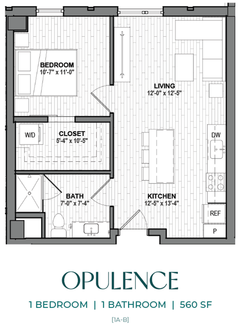 Floor plan for 1 bed, 1 bath, 560 sqft