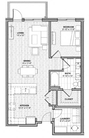 Floor plan for 1 bed, 1 bath, 840 sqft
