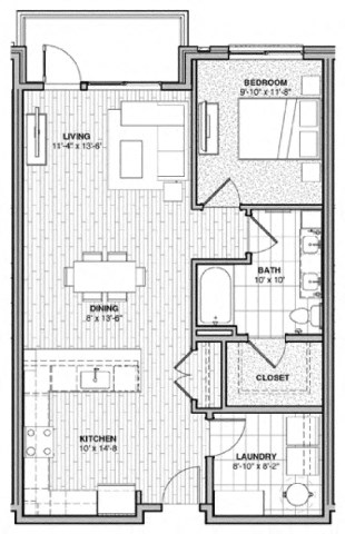 Floor plan for 1 bed, 1 bath, 850 sqft