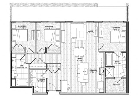 Floor plan for 3 beds, 2 baths, 1430 sqft