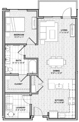 Floor plan for 1 bed, 1 bath, 850 sqft