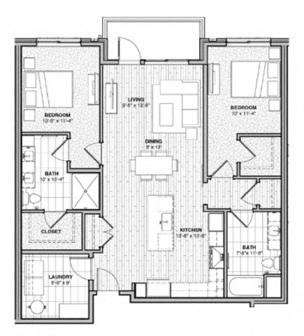 Floor plan for 2 beds, 2 baths, 1180 sqft