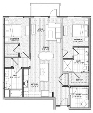 Floor plan for 2 beds, 2 baths, 1180 sqft