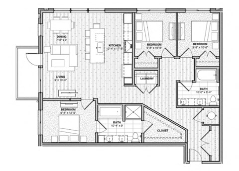 Floor plan for 3 beds, 2 baths, 1370 sqft