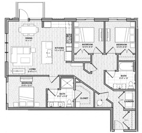 Floor plan for 3 beds, 2 baths, 1250 sqft