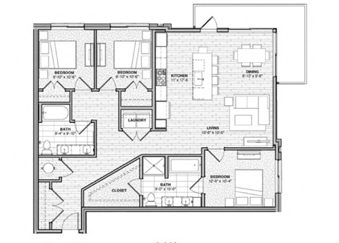 Floor plan for 3 beds, 2 baths, 1360 sqft