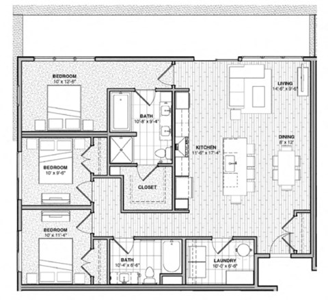 Floor plan for 3 beds, 2 baths, 1340 sqft
