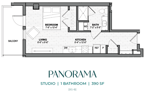 Floor plan for studio, 1 bath, 390 sqft