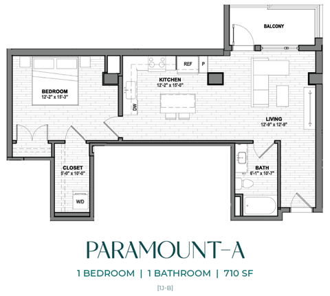 Floor plan for 1 bed, 1 bath, 710 sqft