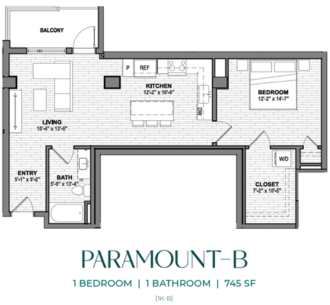 Floor plan for 1 bed, 1 bath, 745 sqft