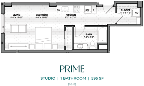 Floor plan for studio, 1 bath, 595 sqft