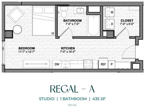 Floor plan for studio, 1 bath, 435 sqft