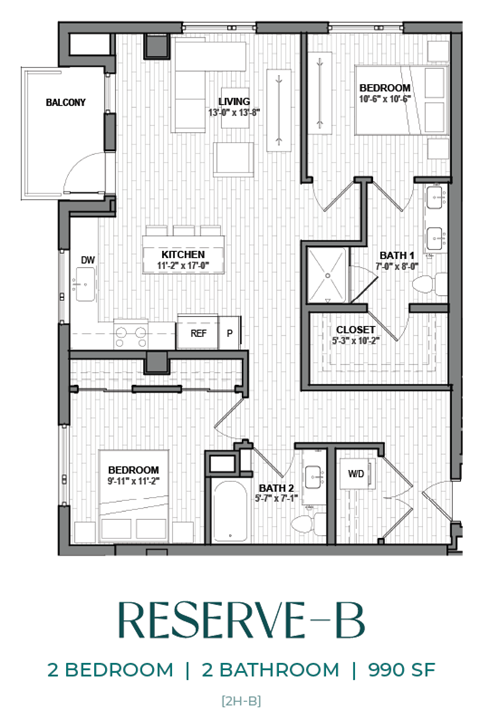 Floor plan for 2 beds, 2 baths, 990 sqft