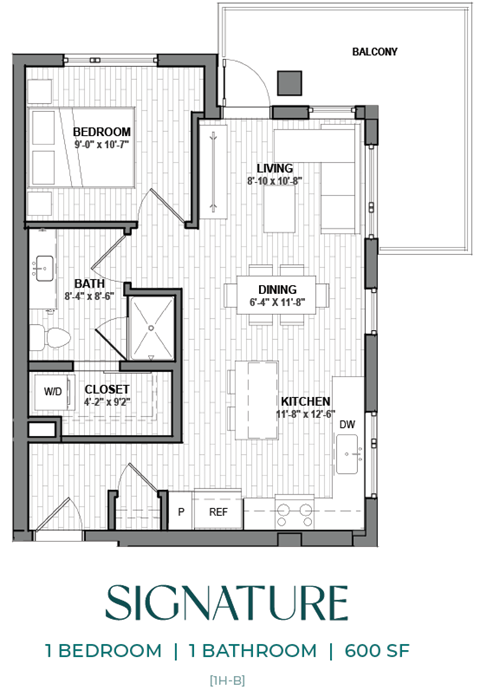 Floor plan for 1 bed, 1 bath, 600 sqft