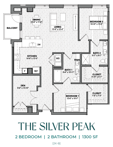 Floor plan for 2 beds, 2 baths, 1300 sqft